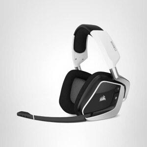 Corsair Void RGB 엘리트 무선 게임 헤드셋 u2013 7.1 서라운드 사운드 전방향 마이크 마이크로파이버 메시 이어패드 최대 40피트 범위 iCUE 호환 PC, Mac, PS5, PS4 화이트