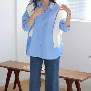 셔츠테일 사이드슬릿 루즈핏 하늘색 오버핏셔츠 면남방