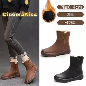CinemaKiss 여성 기모부츠 키높이 4cm 소가죽 편한 워커 겨울 클래식 숏 방한부츠 방한화 DFLKDHS2635