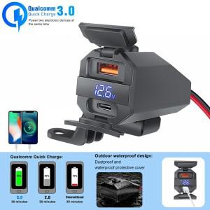 PD+QC3.0 바이크 오토바이 USB 고속 충전기 100W 핸들바 듀얼 소켓(디지털 전압계 포함) 방수 12V 전원 공
