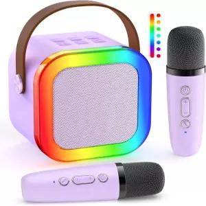 미니 노래방 기계 가족 홈 파티를 위한 무선 마이크 2개와 조명이 있는 - 휴대용 노래 스피커 스테이지