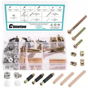 캠 피팅 우드 다웰 핀과 미리 삽입된 너트 및 가구용 크립 나사를 포함한 Cimeton 95Pc 연결 하드웨어