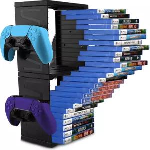 SIKEMAY PS5/PS4/Xbox Series S X용 게임 저장 타워 - 24개의 PCS 홀더 4개의 컨트롤러 슬롯 스탠드 랙