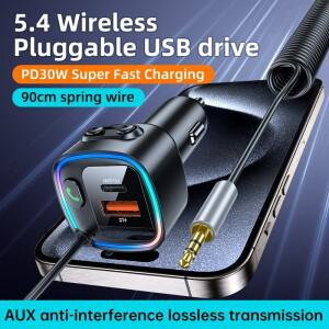 차량용 충전기 PD30W 초고속 블루투스 5.4 리시버 핸즈프리 통화용 키트 MP3 플레이어 AUX 오디오 출력 지