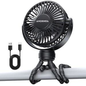 AMORMIYA 휴대용 미니 유모차 팬, 카 데스크용 러닝머신 골프 카트 블랙 | 4000mAh 20H 배터리, 유연한 실리콘 삼각대 조용한 브러시리스 모터 4.5m/s, 3단 속도, 분리형 커버, Type-C, 360도 회전