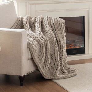 LAST MODA 청키 니트 블랭킷 스로우, 100% 핸드 스로우 담요, 수제 체닐 케이블 소파용, 스타일리시하고 아늑한 부드러운 로프 매듭 코바늘 블랭킷, 베이지 린넨, 50x60인치