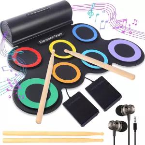 초보자를 휴대용 7패드 롤업 전자 드럼 세트 헤드폰 포함 듀얼 스피커 2개의 페달 MIDI/USB 0H 배터리 가정