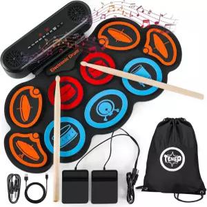 전자 드럼 세트 9패드 USB MIDI 및 블루투스가 포함된 휴대용 롤업 키트 내장 스피커 풋 페달 충전식