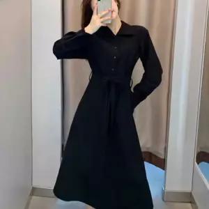 블랙 카라 허리끈 롱 원피스 가을 겨울 캐주얼 베이직