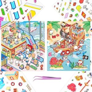 핀셋이 포함된 2세트 3D 스티커 장면 성인용 집 재미있는 DIY 나만의 미니 배와 공항 만들기