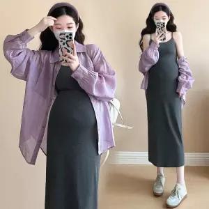 원픽 여성 임부복 여름 용 얇은 슬리밍 서스펜더 드레스 투피스 세트 봄여름 자외선 차단 셔츠