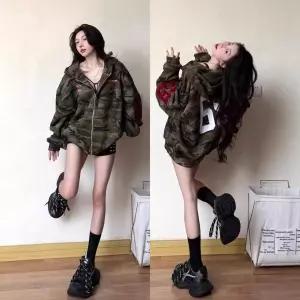 와칸다 여성 빈티지 카무플라주 가을 타월 자수 캐주얼 카디건 후드