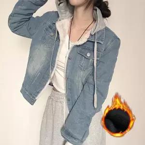 [라일리여성의류] Rly 양털 후드 데님자켓 기모안감 크롭 청자켓 아우터