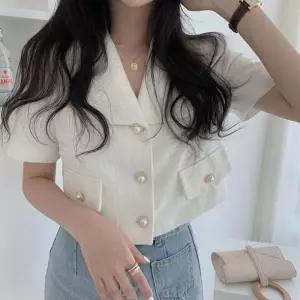 [라일리여성의류] Rly 화이트 반팔 크롭 자켓 여성 여름 단정한 모임룩