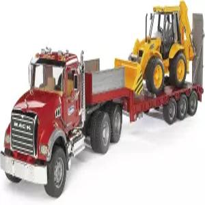 Bruder 02813 JCB 로더 백호가 장착된 Mack 화강암 플랫베드 트럭
