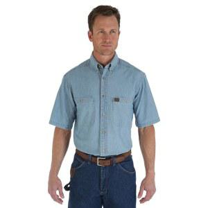 Wrangler 3W531BL Riggs Workwear 샴브레이 반소매 남성용 셔츠, 라이트 블루,