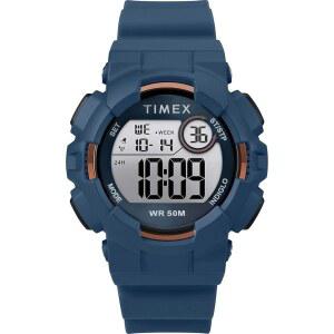 Timex 유니 TW5M23500 DGTL Mako 디지털 44mm 블루/골드 톤 실리콘 스트랩 시계, 톤, 크로노그래프,