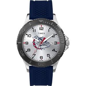 Timex Tribute 남성용 대학 게이머 42mm 시계 - 곤자가 불독, 네이비 실리콘 스트랩 포함, 불독스, 스포츠