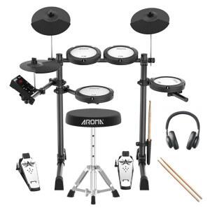 AROMA TDX-18 전자 드럼 세트, 4개의 조용한 메시 드럼 패드, 2개의 스위치 페달, 휴대용 및 솔리드 드럼 세트, 블루투스, 드럼 왕좌, 헤드폰 및 스틱 포함