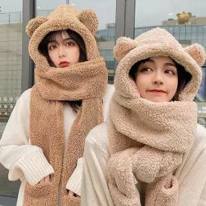 곰돌이 여성 모자 목도리 후드 머플러 3color 양털