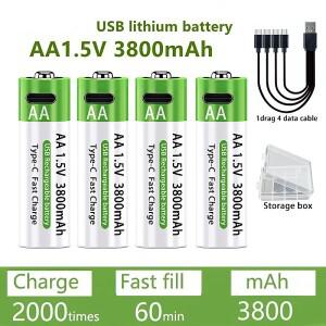 리튬 이온 AA 충전식 배터리 USB 3800mAh 1.5V 데이터 케이블 및 보관 상자