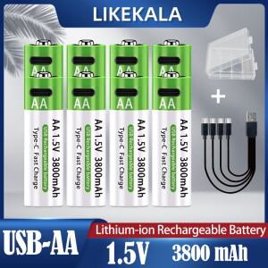 LIKEKALA 리튬 이온 AA 충전지 USB 3800mAh 1.5V + 데이터 케이블 및 보관함 정리함
