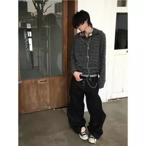 후드 티 가을 스웨트 오버핏 집업 TreclubSS 회색-검정 스트라이프 polo 질감의 넉넉한 남여공용 공용 긴팔