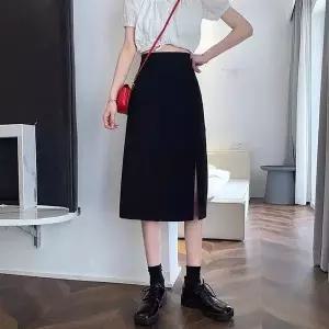 [하프클럽/]블랙 롱스커트 앞트임 슬릿 데일리 여성 검정 하의 스커트