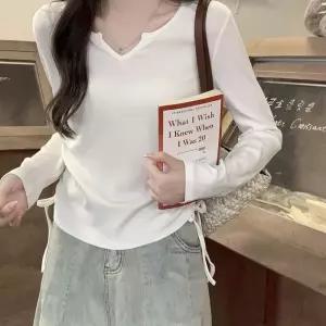 베이직 사이드 셔링 리본 긴팔 티셔츠 화이트 데일리상의 SWFLM01B