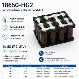 18650 HG2 리튬 이온 배터리 팩 맞춤형 용접 3000mAh 3.6V ~ 25.2V 2S1P