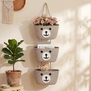 Yiyiring 곰 인형 보육실 장식 테디베어 행잉 바스켓 면 로프 직조 벽 수납 정리함 문 위에 걸 수 있는