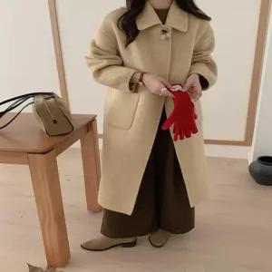 모두팜 여성 양면 모직 코트 중간 길이 인형 칼라 작은 체리 두꺼운 따뜻한 캐시미어 MOC
