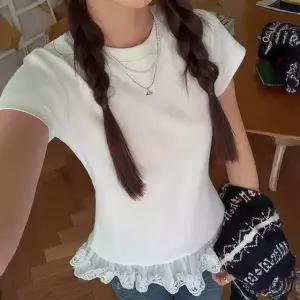 여성 레이스 프릴 슬림핏 반팔 z-WFOEEJ8 티셔츠 화이트