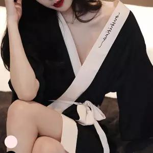 여성 실크가운 골프가운 허리끈 여자 샤워가운 슬립 블랙 r-3F0C2