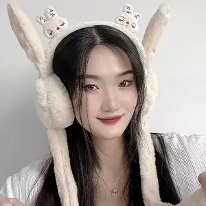 움직이는 토끼 베이지 귀마개 쫑긋 보온 털 방한 왕