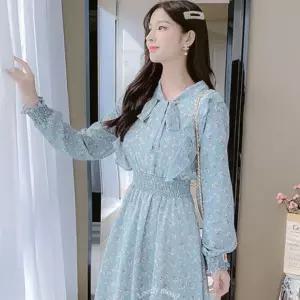 러플 원피스 봄하객원피스 롱 긴팔 밴딩 꽃무늬 프릴 드레스 여성리본원피스 봄가을