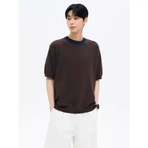 에잇세컨즈 넥라인 배색 라운드 반소매 니트 브라운 215451AY3D 5059361