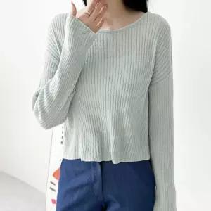 일상잇템 세로 골지라인 루즈핏 세미크롭 긴팔 여름 니트웨어