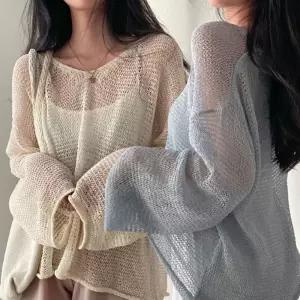 일상잇템 여성 여름 휴양지 외출 브이넥 시스루 루즈핏 니트