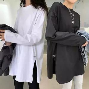 2색 롱티셔츠 여성 옆절개 라운드넥 긴팔티 루즈핏 WWFMQVD3
