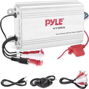 Pyle 400W 4채널 하이드라 마린 마이크로 앰프 - 방수 RCA 입력 3.5mm 잭 MP3 소프트 켜기/끄기 볼륨 게인