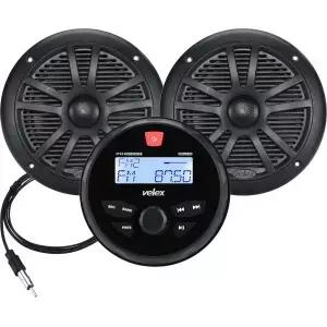 Velex 해양용 스테레오 스피커 패키지 블루투스 MP3 USB AM FM - 6.5인치 블랙 2개 안테나