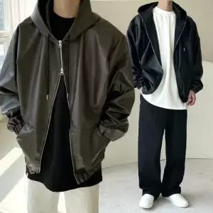 플레이마틴 남자 오버핏 후드 가죽자켓 투웨이 라이더 자켓 2color