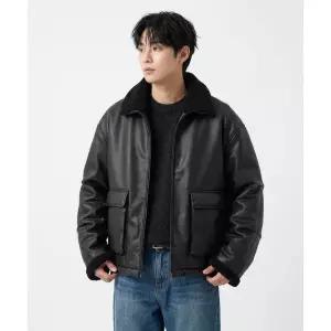 PARTIMENTO 레더 보아 플리스 무톤 자켓 블랙