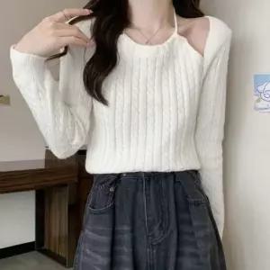 홀터넥니트 여자 홀터넥 볼레로 긴팔니트 소프트 트임니트 티셔츠