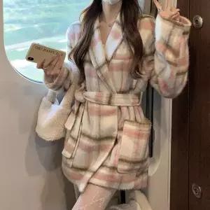 오버핏코트 체크패턴 하프 코트 체형커버 오픈코트 스트링 포함