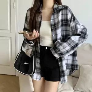 여성 오버핏 루즈핏 빈티지 레트로 체크 가을 남방 셔츠