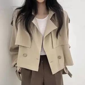 여성자켓 여성 세미크롭 숏 더블 트렌치 자켓 간절기 아우터