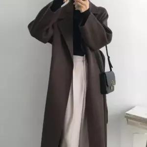 카라코트 카라 허리끈 클래식한 디자인 여성 모직 롱코트