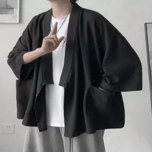 남성 기모노 가디건 진베이 셔츠 M 오버핏 가운 블랙